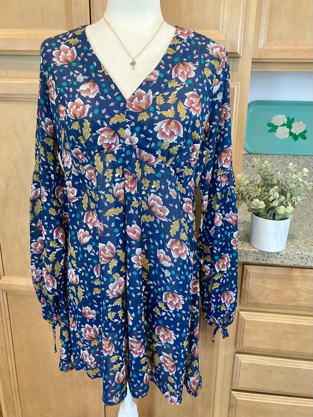 Umgee Navy Floral Long Sleeve V-Neck Swing Dress